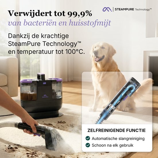 Tapijtreiniger met SteamPure Technology verwijdert vuil van een lichtgekleurd tapijt, met een hond op de achtergrond.