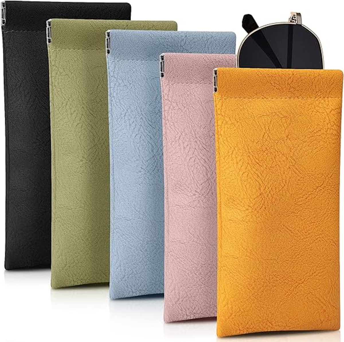 5-delige brillenkoker, zachte brillenkoker, draagbare leren brillenkoker met knijpdeksel, krasbestendige brillenkoker voor dames en heren - roze/groen/blauw/oranje/zwart - 18 x 9cm