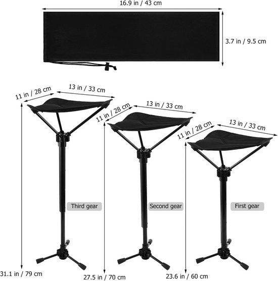 Telescopische Campingkruk - Verstelbaar Driepoot Krukje met 3 Hoogtes (61-80.5 cm) - Max 120 kg - Lichtgewicht Vouwkrukje - Met Waterdichte Tas - Geschikt voor Outdoor, Vissen en Festivals - Zwart — afbeelding 5