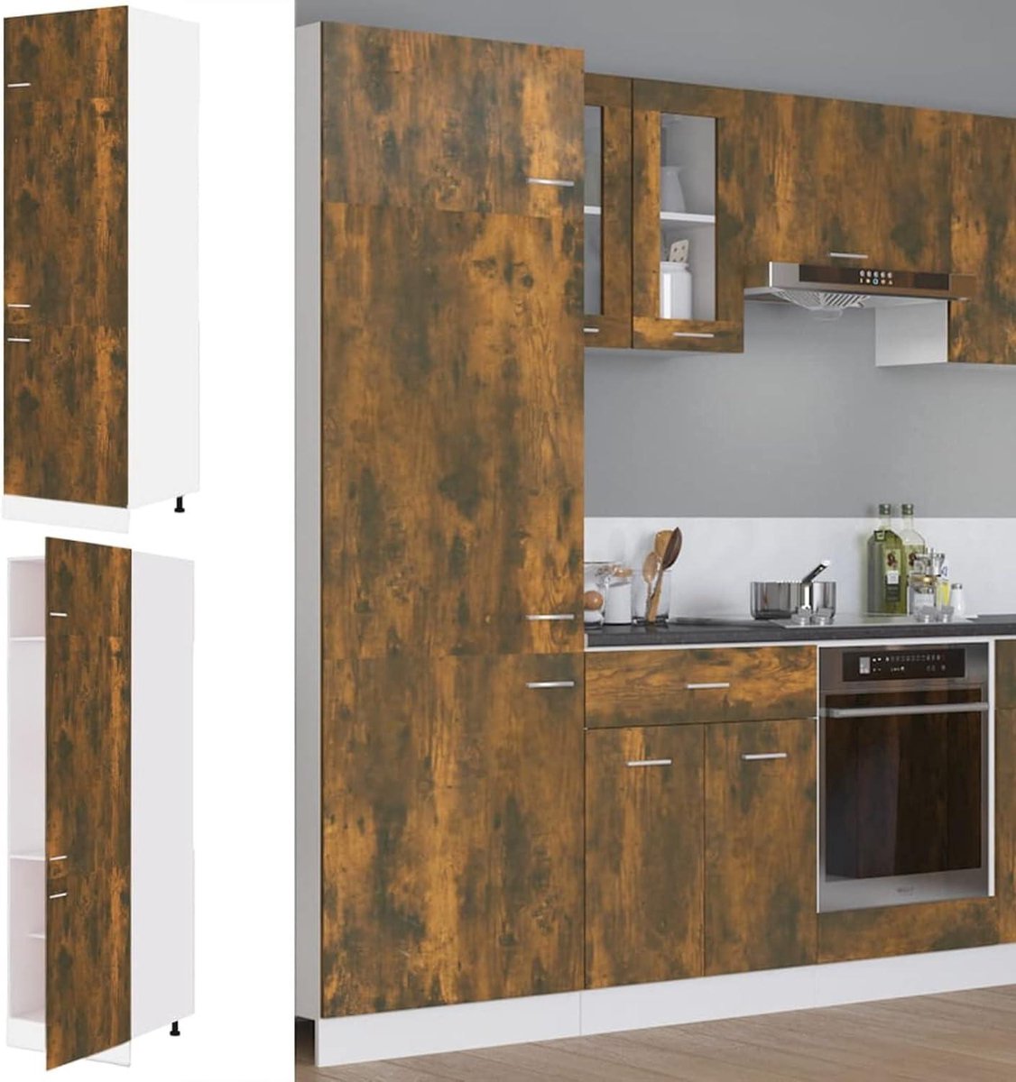 Keukenkast - Opbergkast - Keuken Organiseren - Veel Opbergruimte - 60 x 207 cm - Rokerig Eiken