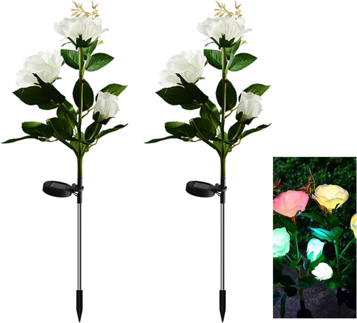 Twee buitenlampen op zonne-energie, met kunstmatige rozen, geschikt voor terrassen, paden, feesten, tuinen, binnenplaatsen en balkondecoratie (wit - 3 rozenkoppen).