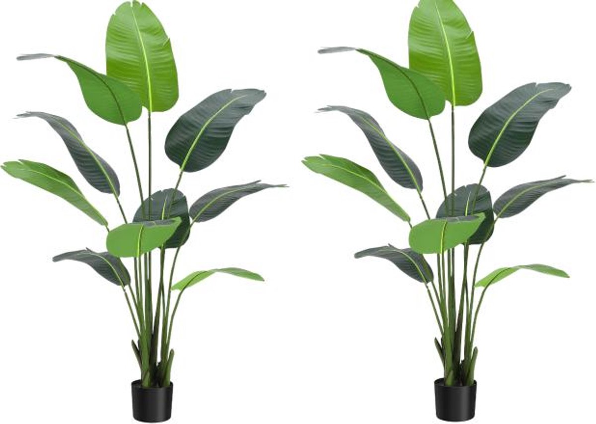 Levensechte kunstparadijsvogel boom – 150 cm hoge kunstpalm met 10 stammen, levensechte binnen- en buitengebruik bananenbladplant in pot voor thuis, kantoor en tuin, set van 2 stuks