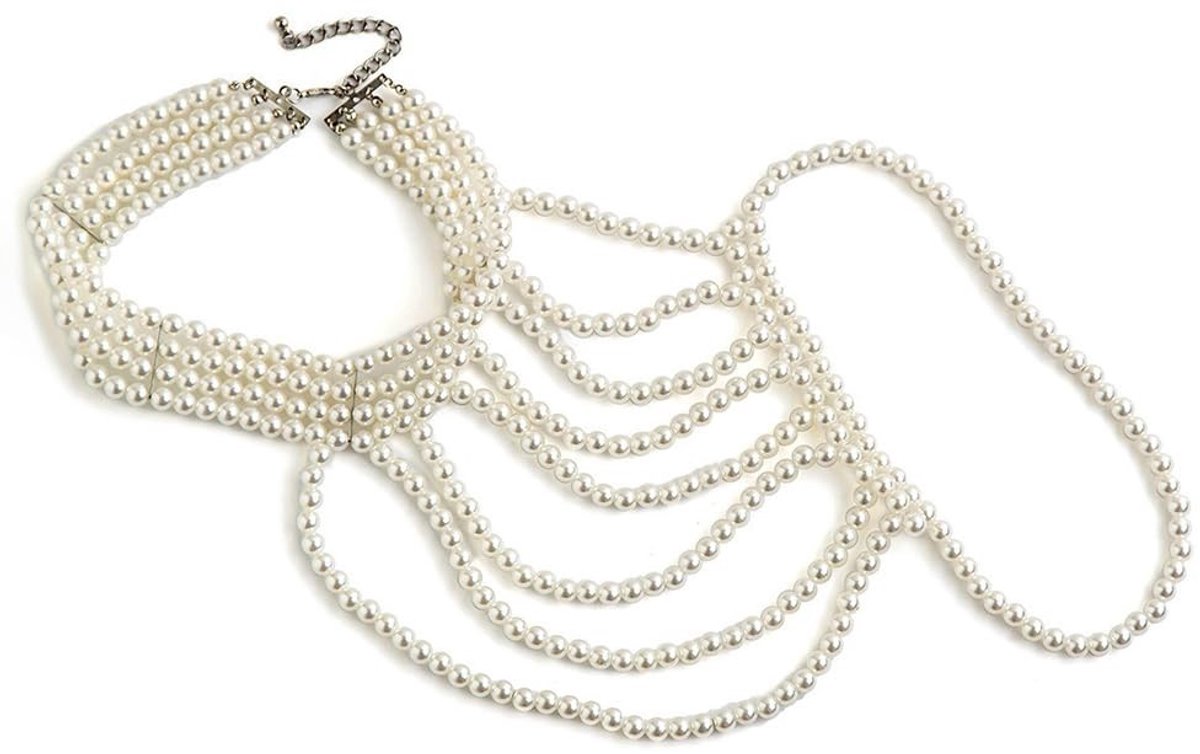 JHUBERS- Schouderketting U-vormig - Meerlaagse Choker - Faux Parels - Verstelbaar - Vintage-inspiratie - Dramatisch Watervaleffect - Halsketting