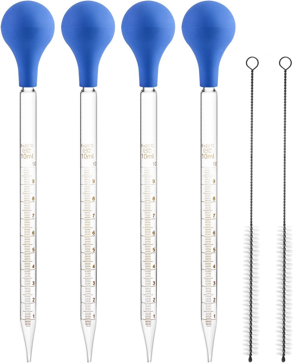 JHUBERS- Pipet 10 ml - Glazen Pipet - 4 Stuks - Rubberen Dop - Reinigingsborsteltje - Corrosiebestendig Glas - Druppelpipet