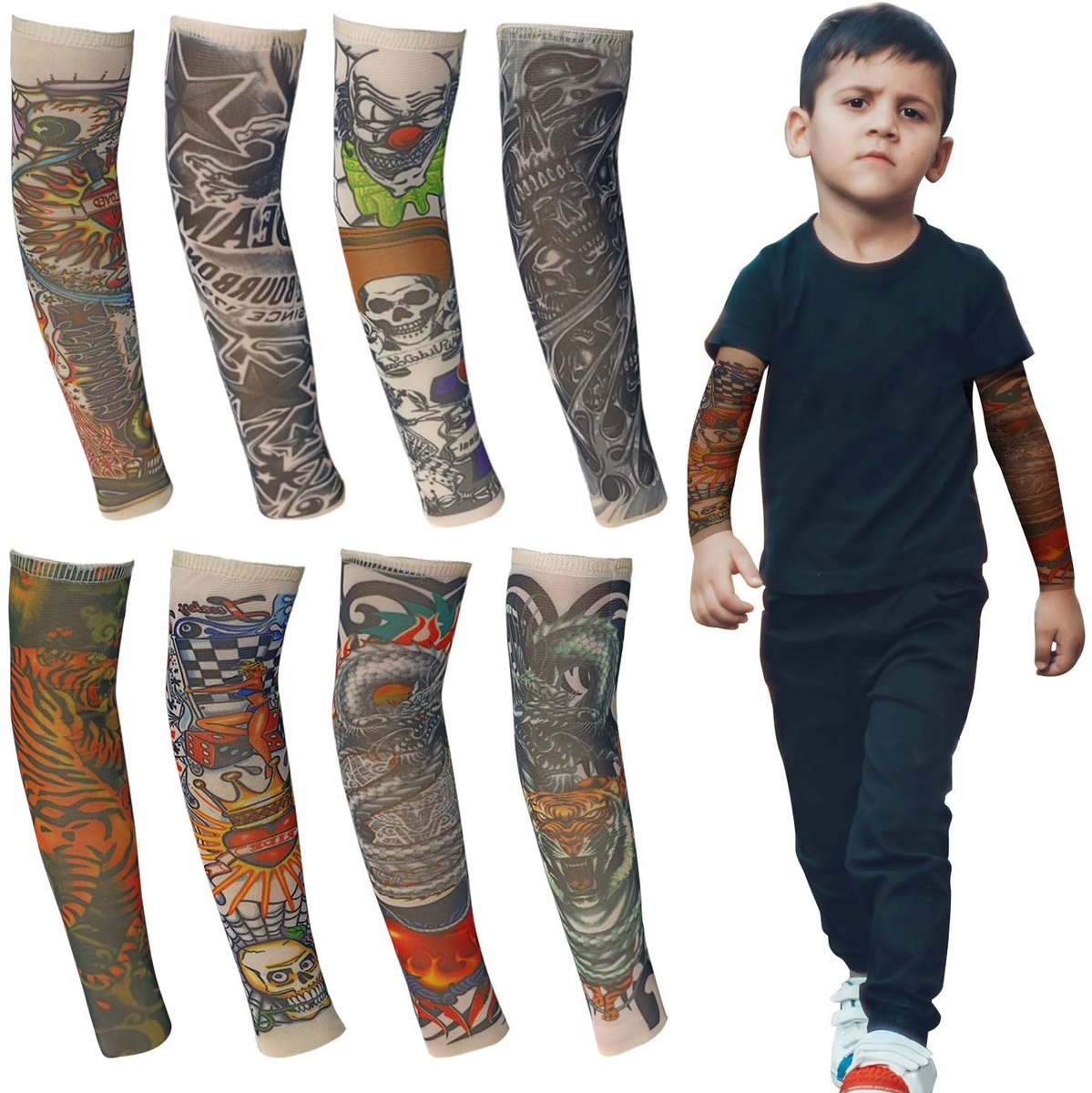 JHUBERS- Tattoo-Mouwen Set van 8 Stuks - Nepzonnecrème - Armkousen - Tattookous - Tijdelijke Tatoeage - Zacht Materiaal