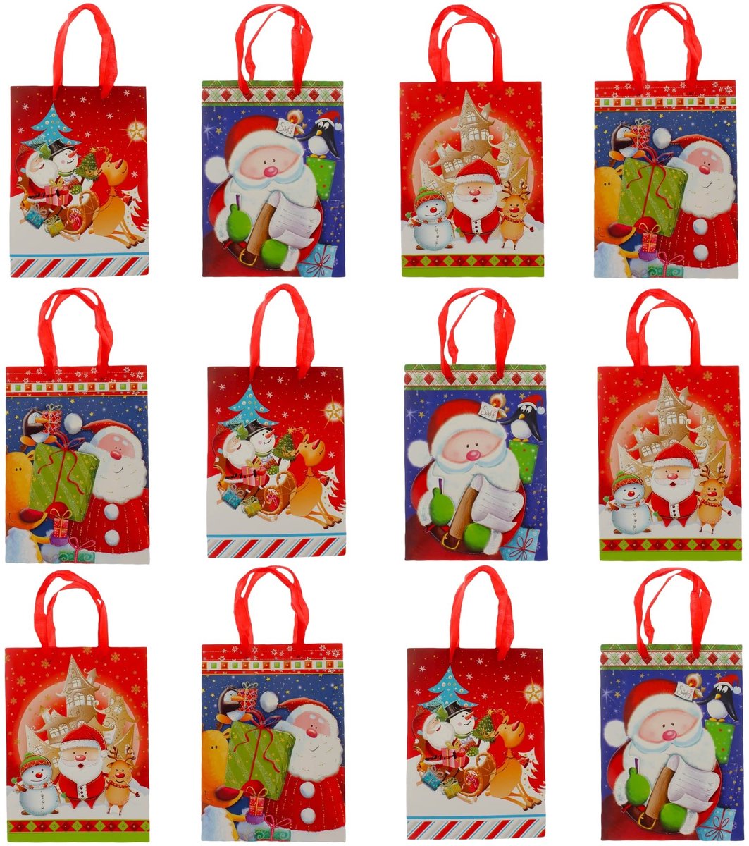 JHUBERS- Cadeauzakjes Herbruikbaar - Set van 12 - 24 x 18 x 7 cm - Kerstzakjes - Met Draaglussen - Liefdevolle Motieven - Cadeautassen