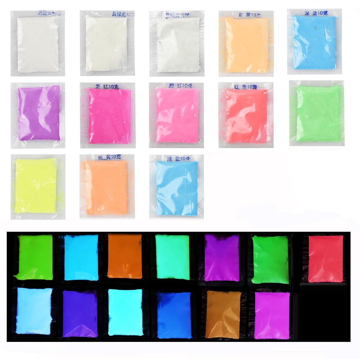JHUBERS- Fluorescerend Poeder 10 g - 13 Kleuren - Lichtgevend - Pigmenten - Geschikt voor Nail Art - Fosforescerend Materiaal - Lichtgevend Pigment