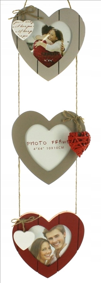Houten fotolijst Hartjes 10x15cm - 3 foto's - Wanddecoratie