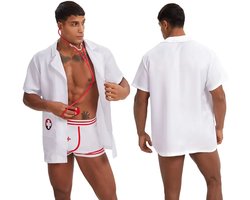 3-Delig Sexy Heren Kostuum - Dokter / Verpleger / Arts - Boxer, Doktersjas En Stethoscoop - Rood & Wit - Mannen - Heren Lingerie - Vrijgezellenfeest - One Size
