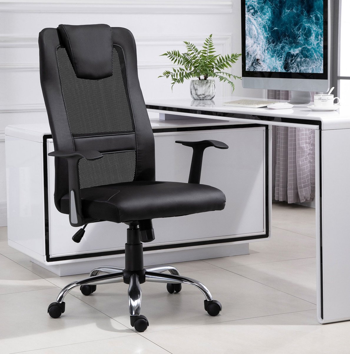 Wishdor ergonomische bureaustoel 66 x 73 x 108-118 cm met wippfunctie en armleuningen zwart