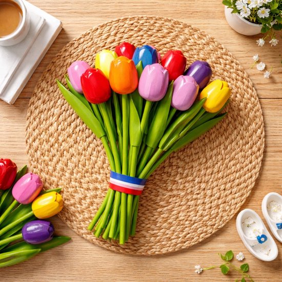 Tulpenboeket, Hollandse tulpen, meerkleurig, 20 cm, 8 stuks kunstbloemen