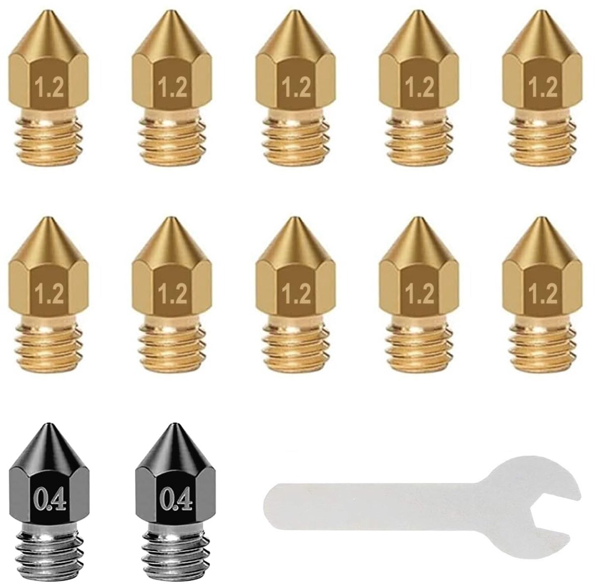 Dailygoods- Sproeiers Set van 12 - 3D-printer Sproeiers 2 x 0,4 mm - Messing Spuitmonden 1,2 mm - Moersleutel - Hoge thermische geleidbaarheid - Geschikt voor PLA/TPU/ABS - Spuitmond