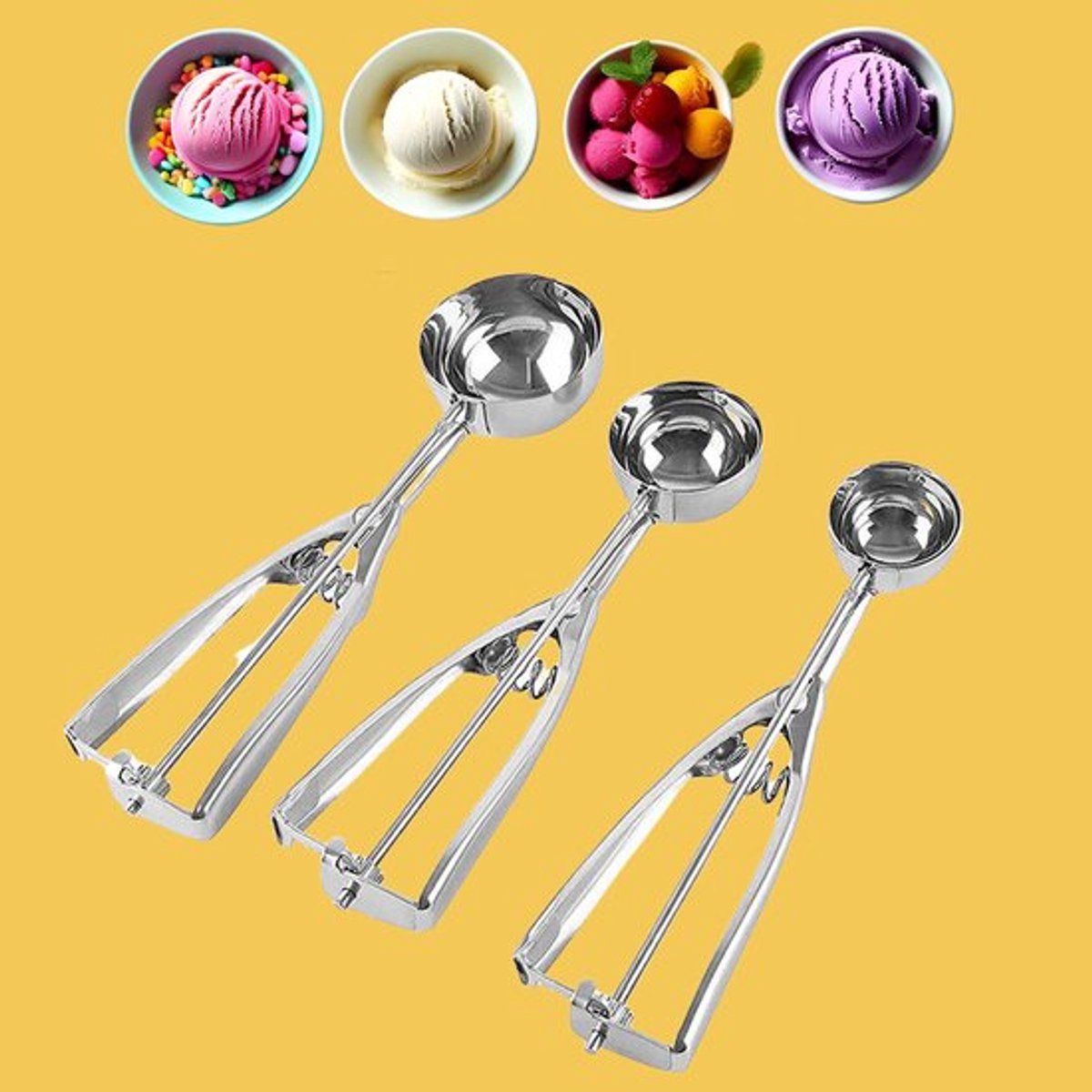 Deze ijsschepset van roestvrij staal, verkrijgbaar in drie maten en voorzien van een trekker, is vaatwasmachinebestendig en een ideale keuze voor de zomer.