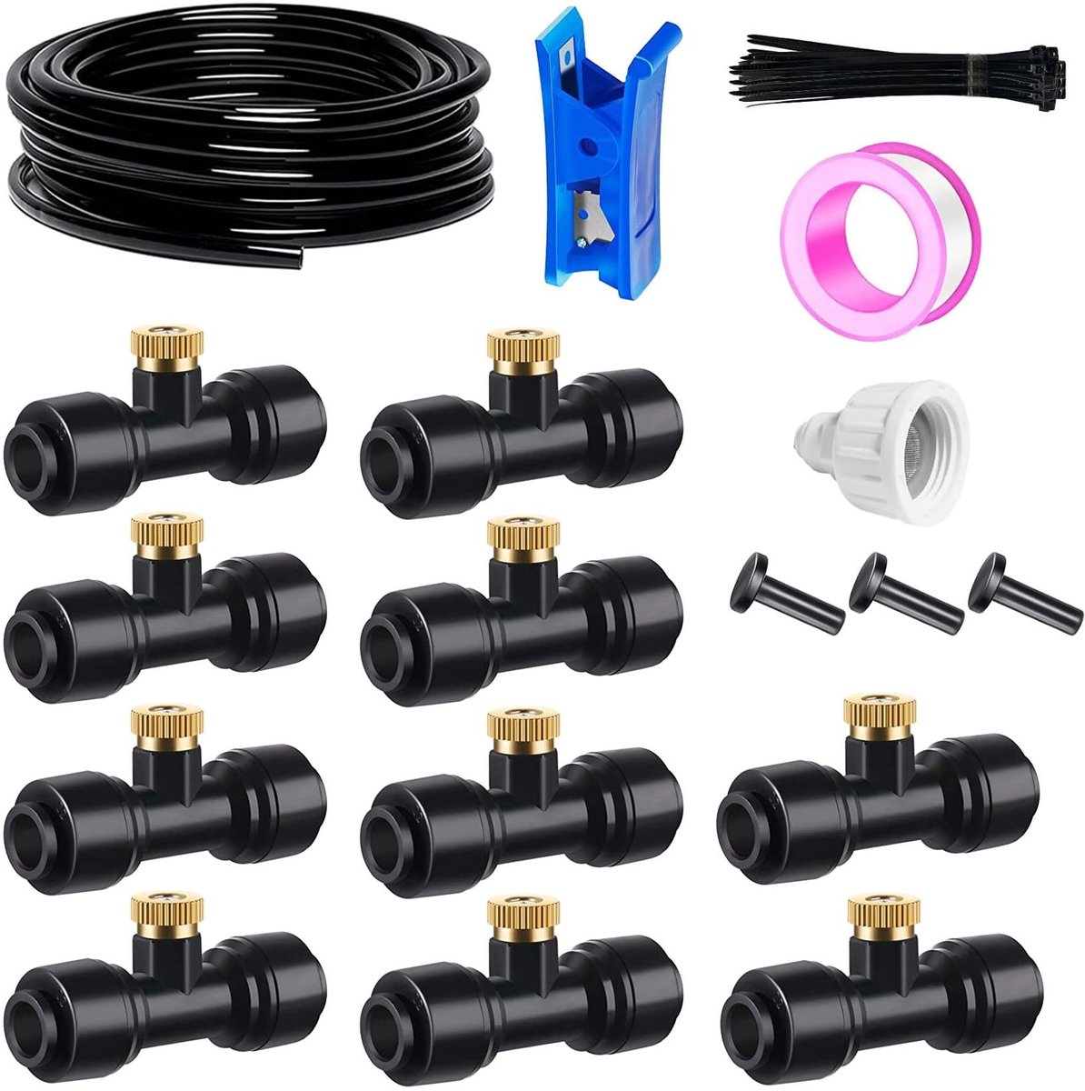 Dailygoods- Mistsysteem 15 m met 10 T-mistsproeiers - Irrigatiesysteem - Buitenmistsysteem - Verkoelende nevel - Messing mondstuk - PE slang - Nevelsysteem