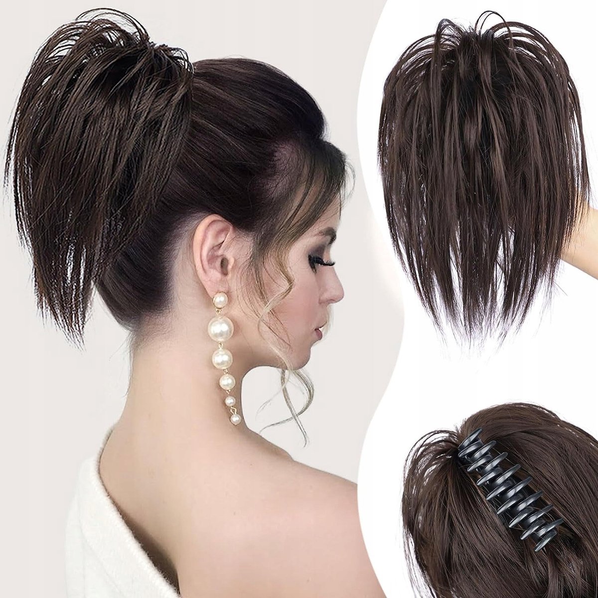 Paardenstaartverlenging met clip, synthetisch haar, donkerbruin