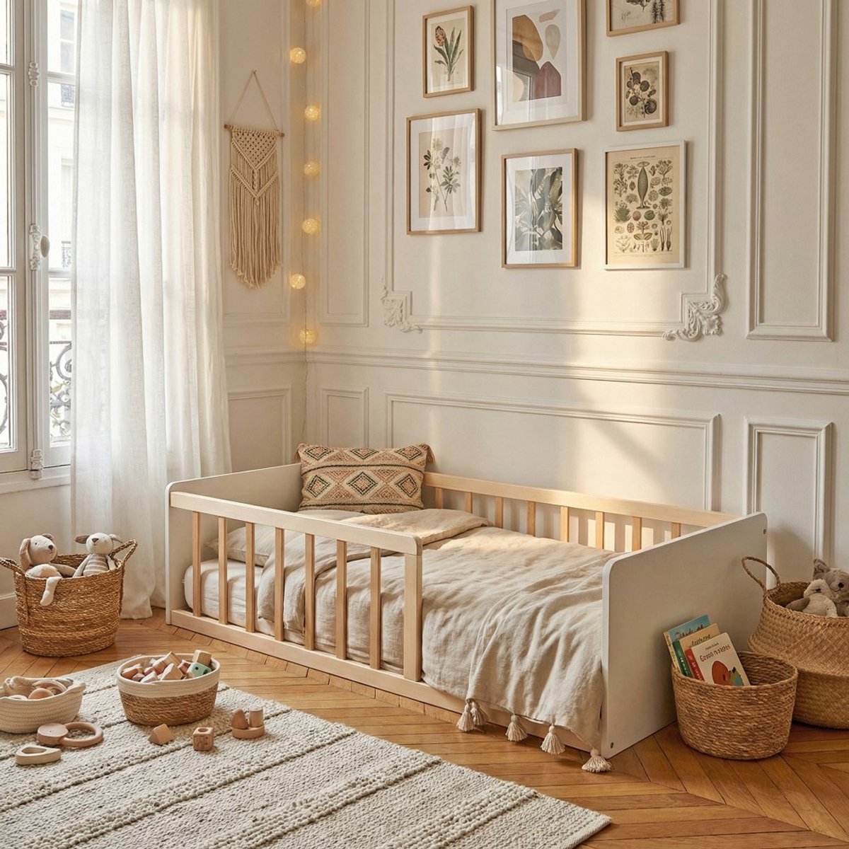 Bed 70x140 PILOU met lattenbodem / Wit en Naturel