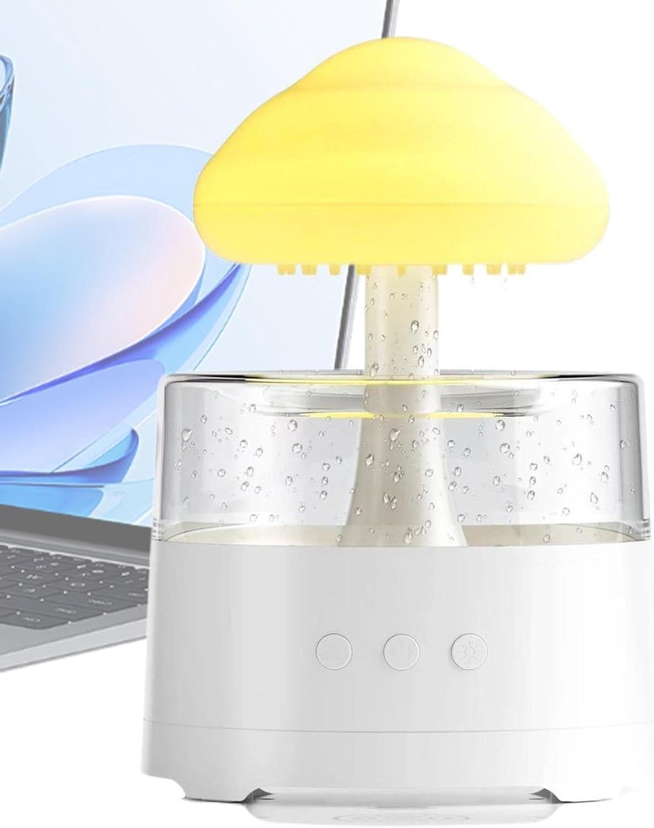 Luchtbevochtiger Paddenstoel - Regenlamp Aroma - Ontspanning Thuis - Met Ledverlichting - 16.8 cm Hoog - Wit