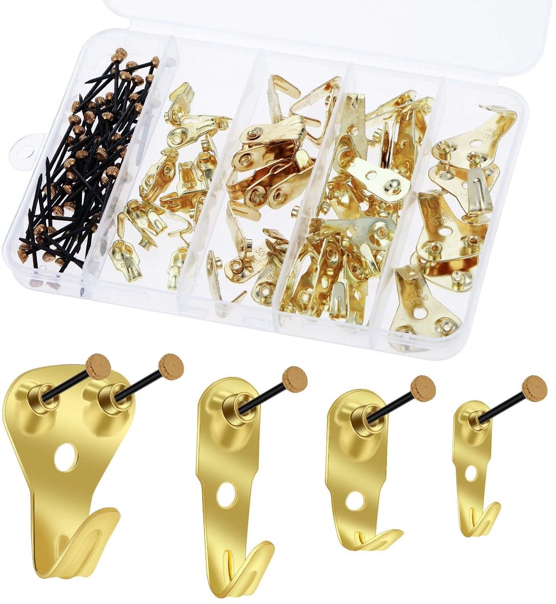 BRENZOOS- Fotohaak 120 Stuks - Zelfklevend - Geschikt voor Zware Foto's - Met Spijkers - Gouden Kleur - Ideaal voor Spiegel en Decoratie - Fotohaakjes