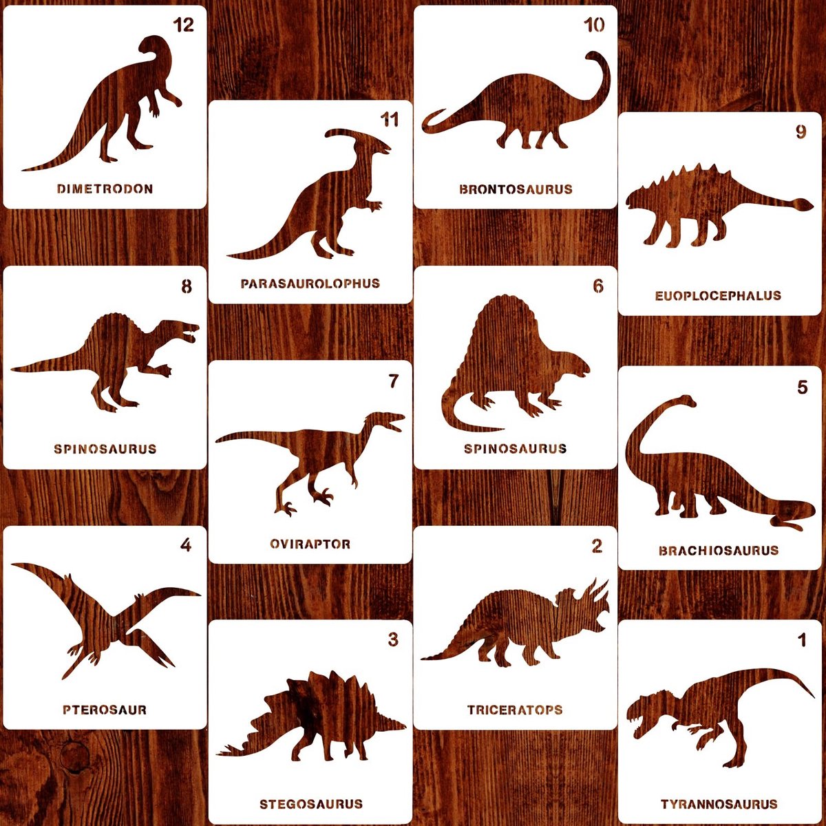 JHUBERS- Dinosaurus Sjablonen 12 Stuks - Herbruikbaar - Kunststof - Handwerk - Muurkunst - DIY Projecten - Stencils