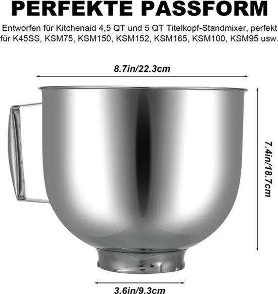 Roestvrijstalen mengkommen met handvatten, Geschikt voor Classic 4.5Q Geschikt voor Artisan 5QT series, verkrijgbaar als vervangend accessoire voor mixers, vaatwasmachinebestendig. — afbeelding 2