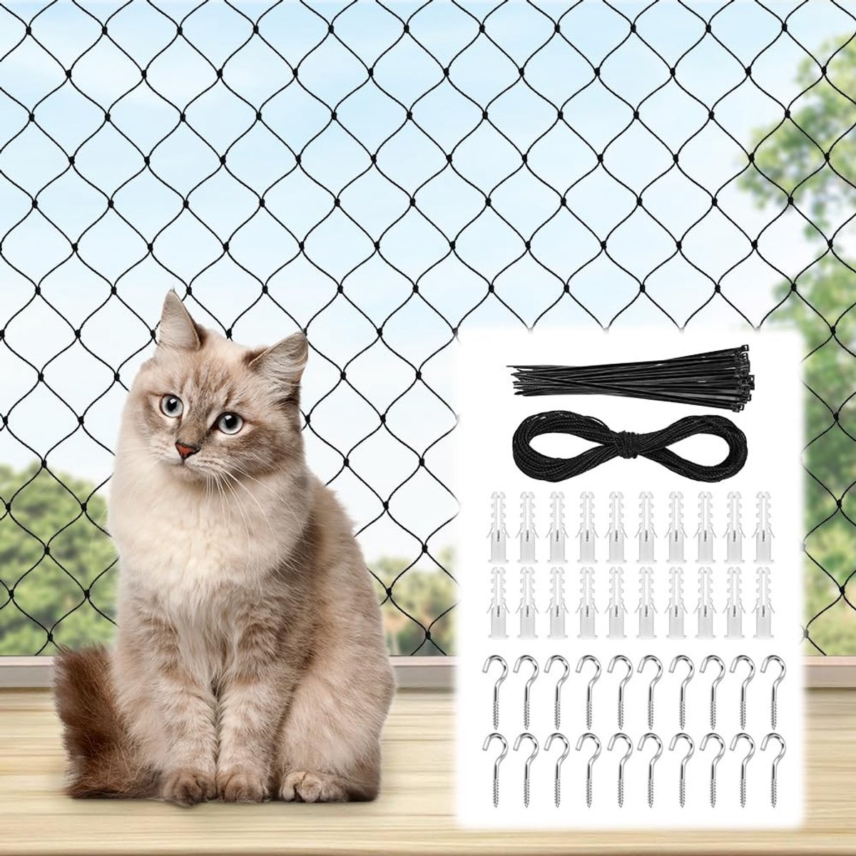 Dailygoods- Kattennet Weerbestendig - Balkonbescherming - Valbeveiliging - Bijtbestendig - Antiklimhek - Inclusief Bevestigingsmateriaal 4x3 m - Balkonveiligheidsnet