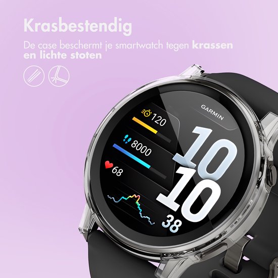 Garmin smartwatch met doorzichtige beschermhoes. Tekst: Krasbestendig.