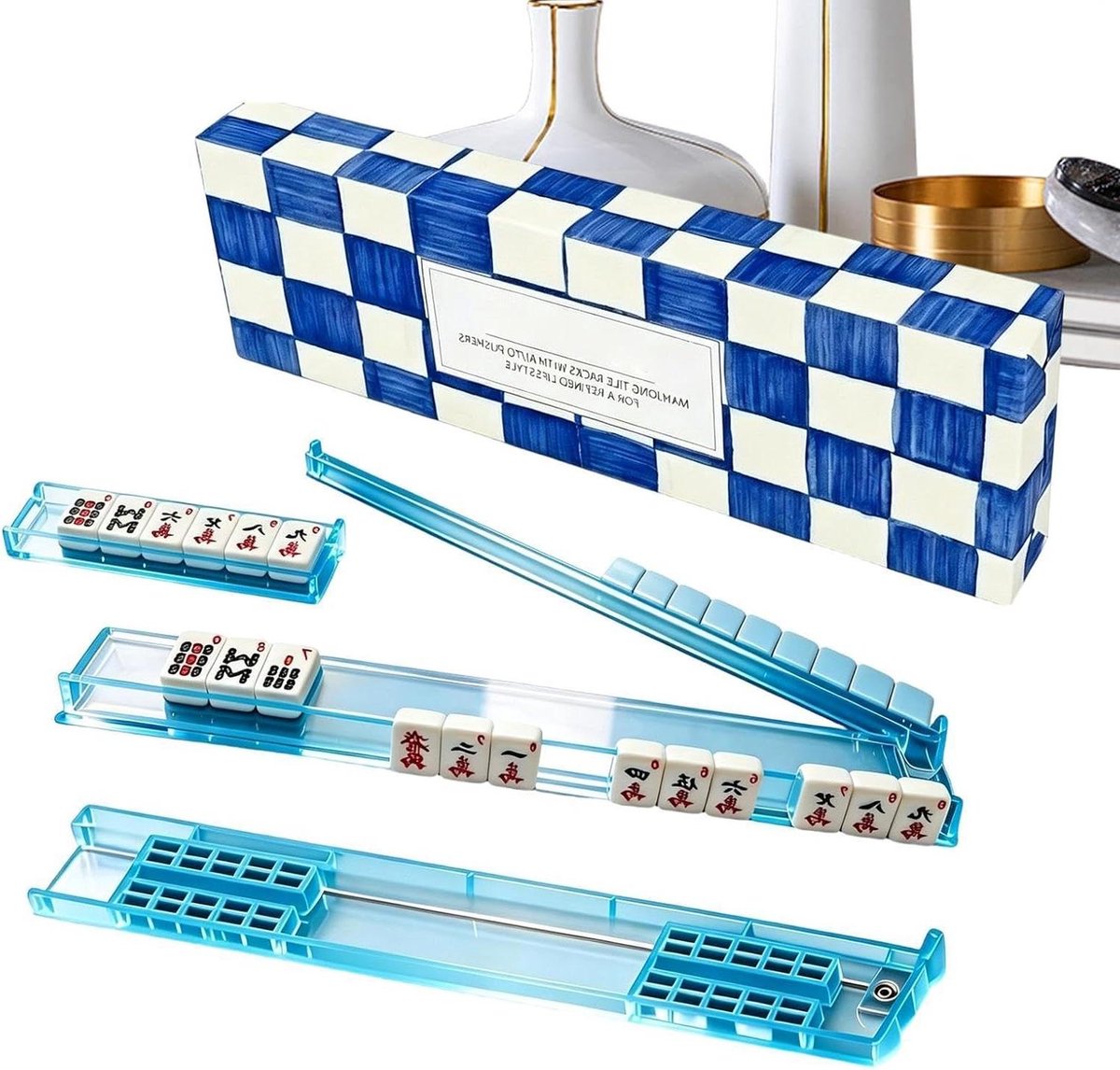Mahjong Duwers - Tegelhouder Set - Spel Organisatie - Acryl Schildpadstijl - 44 x 8 cm - Blauw