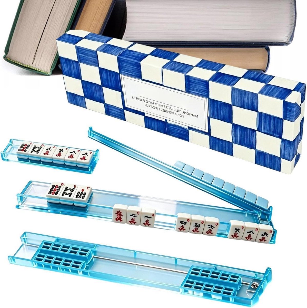 Mahjong Schuivers - Tegelbak - Spel Organisatie - Magnetisch Duwsysteem - 44 x 8 cm - Blauw