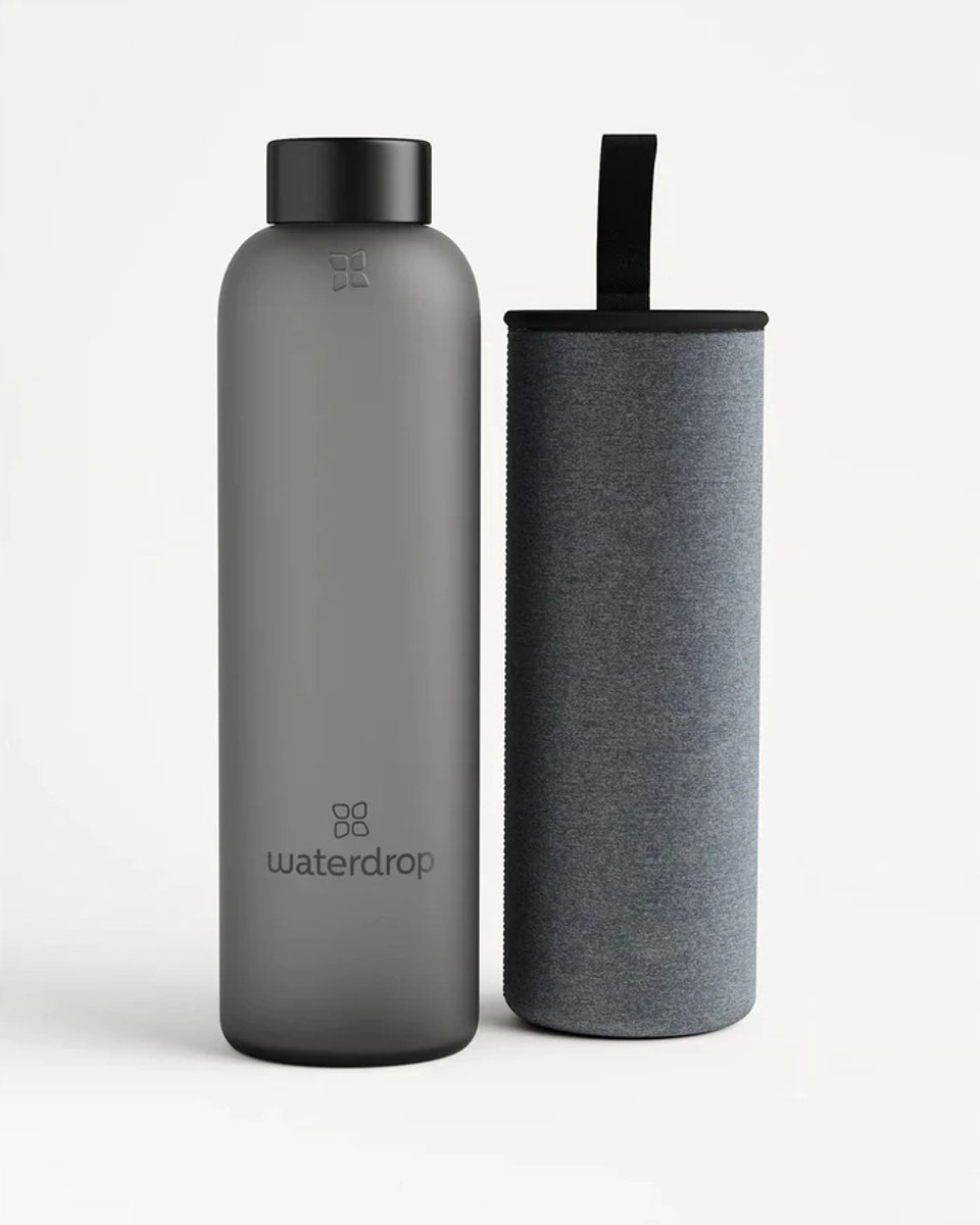 Waterdrop Glazen Fles met Hoes - 600ml - Zwart Frost