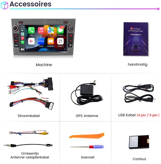 Accessoires voor autoradio: machine, handmatig, stroomkabel, GPS antenne, USB kabel, antenne-adapter, koevoet en Canbus.