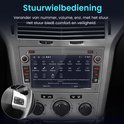 Autoradio met touchscreen en stuurwielbediening. Toont menu-opties zoals Power, Mute, Volume en Play/Pause.