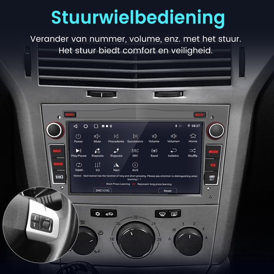 Autoradio met touchscreen en stuurwielbediening. Toont menu-opties zoals Power, Mute, Volume en Play/Pause.
