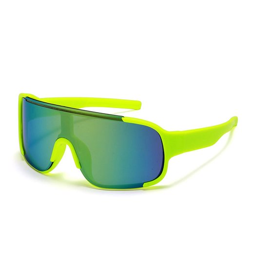 Lunettes de sport vert vif avec un design semi-cerclé et un verre miroir multicolore.