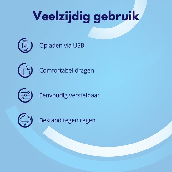 Veelzijdig gebruik: Opladen via USB, comfortabel dragen, eenvoudig verstelbaar, bestand tegen regen.