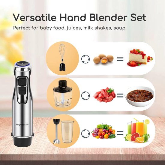 Staafmixer 4-in-1 - Keukenmixer set - Maaltijden Bereiden - Krachtige 1000W motor - 500 ml hakmolen - Zilver — afbeelding 2