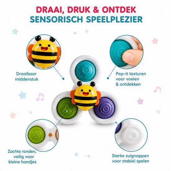 Gedetailleerde weergave van een bij spinner-speeltje met draaibaar middenstuk, pop-it texturen, zachte randen en sterke zuignappen.