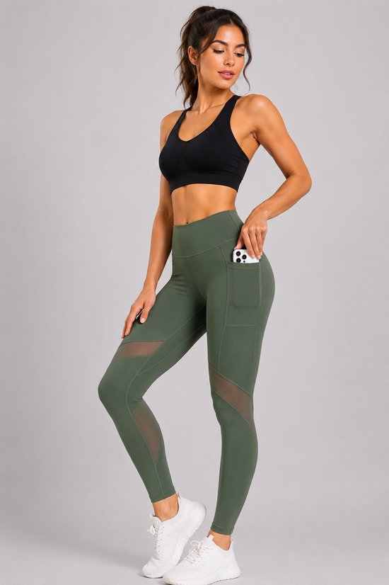 SparkNine Meshmotion sportlegging - dames - met zakken - L - groen - stijlvolle mesh panelen - telefoon zakken - elastisch - squatproof — afbeelding 5