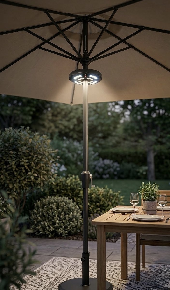Kynast LED parasollamp met accu 28 leds USB-C oplaadbaar IP44 lamp voor parasolstokken 25 tot 50 mm met 3 lichtstanden