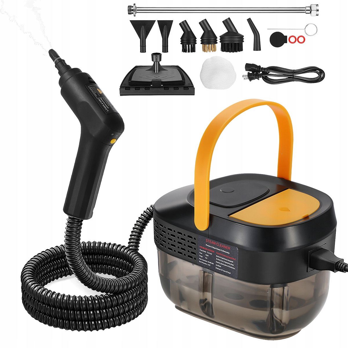 Stoomreiniger 2500W – 3 bar, 105°C, 1600 ml Watertank – 3 Snelheden Instelbaar (Handgreep), 15s Opwarmtijd – Professionele Set-Zwart en geel