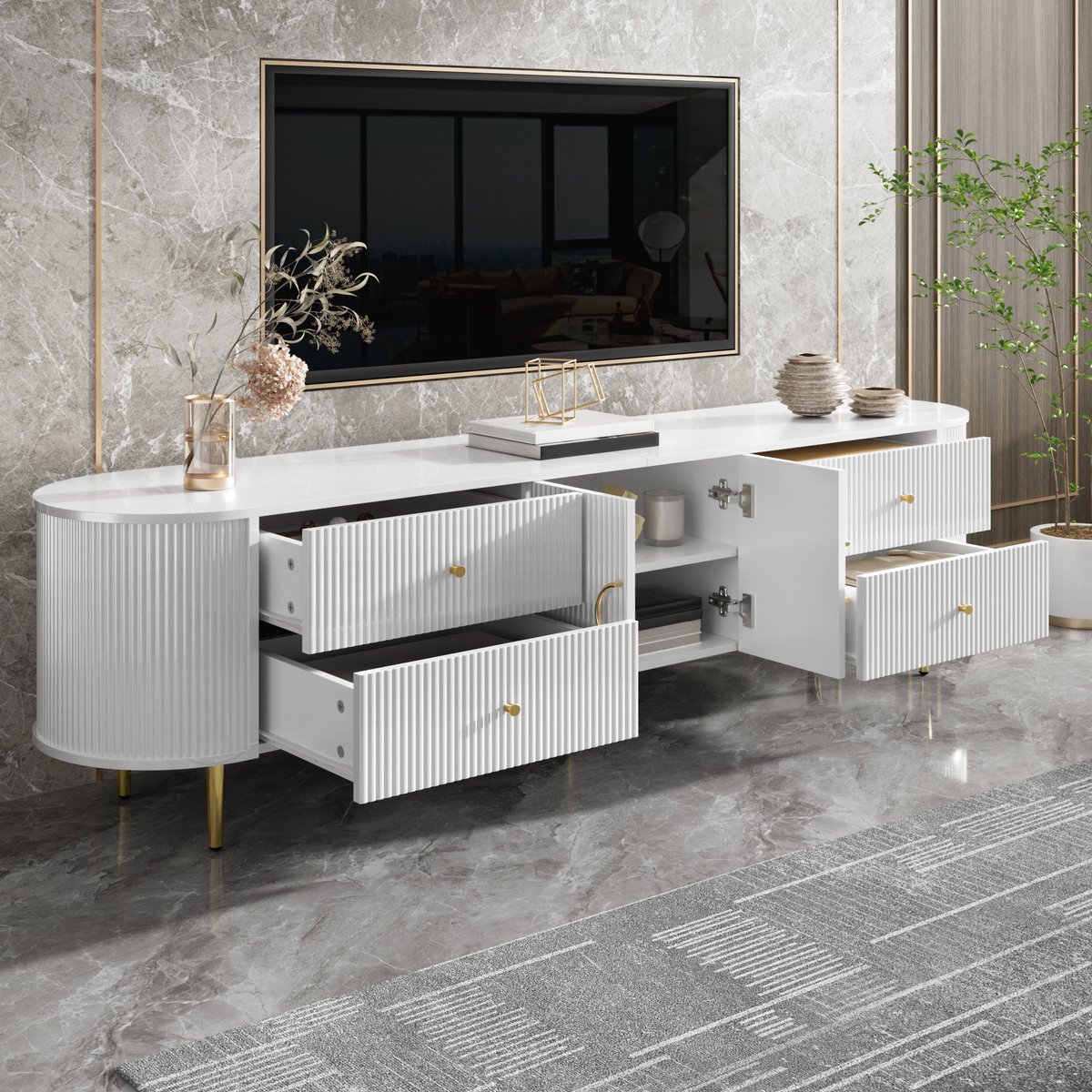 OKWISH Tv Meubel - Golfstructuur Fronten En Kabeldoorvoer - 180x40x38 cm - Lade En 2 Deuren - Woonkamer - MDF Wit