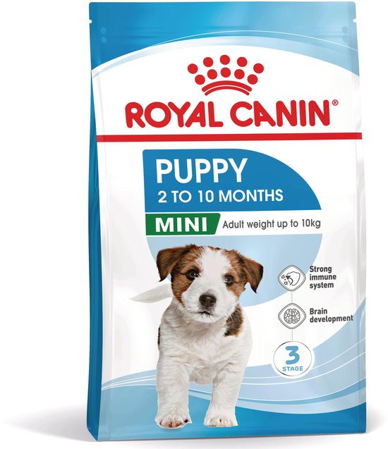 Royal Canin Puppy Mini verpakking met afbeelding van een Jack Russell puppy, voor 2 tot 10 maanden.