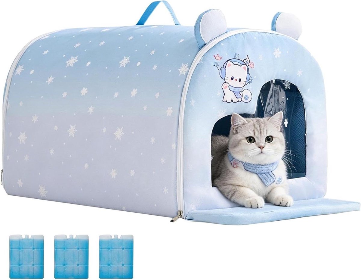 Verkoelend Kattenhuis - Kattenverblijf - Koelte Bieden - Inclusief Ijspak - 35x30x30cm - Blauw