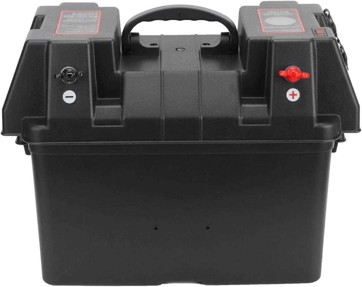 Draagbare Batterijhouder - Accubak Met Lader - Energie Onderweg - Met Spanningmeter - 325x200x185 mm - Zwart