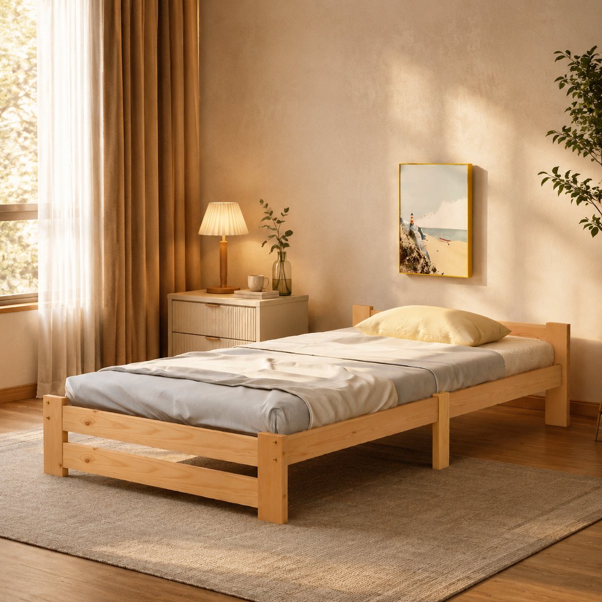 Welltin Opklapbed 90x200 cm - Eenpersoonsbed - Massief hout - Houten bed - Met hoofdeinde en lattenbodem - Natuurlijke houtkleur