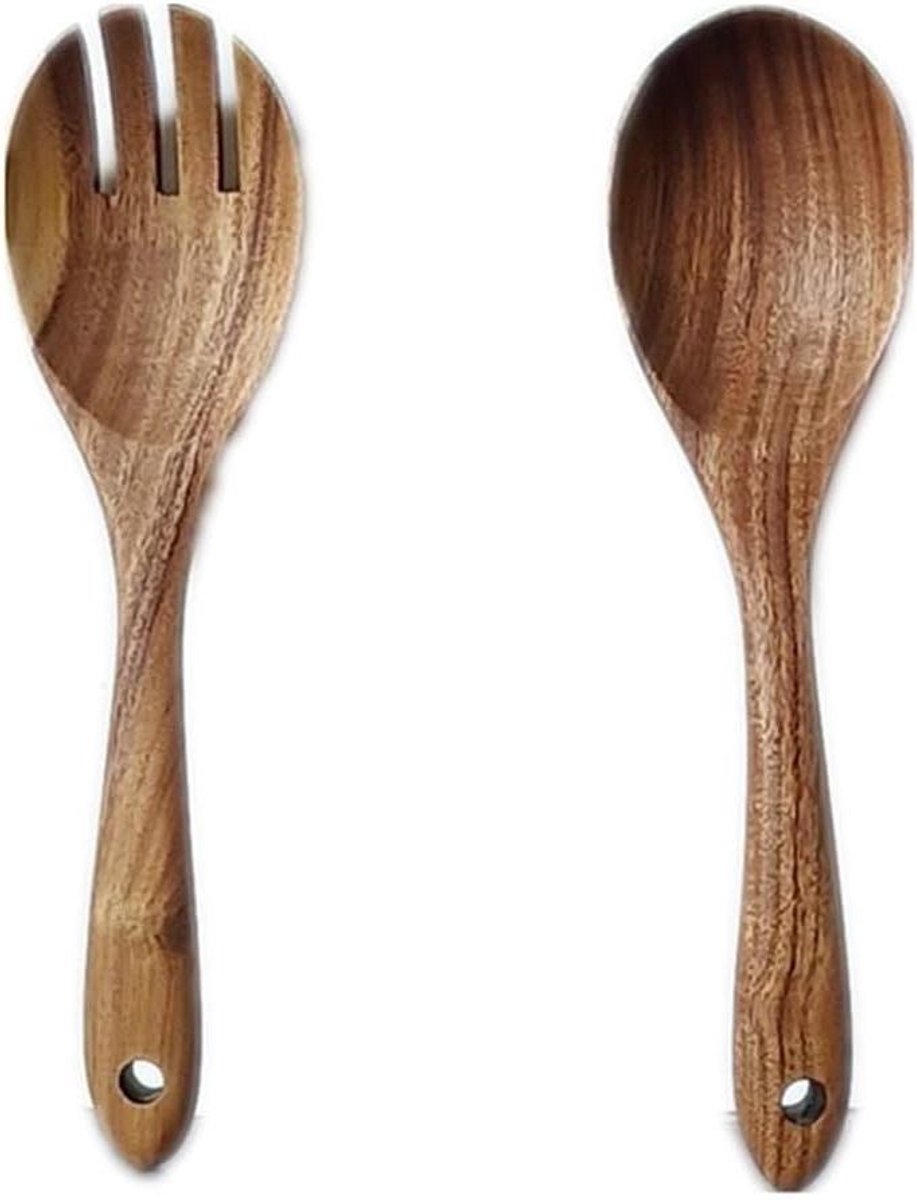 Houten Saladebestek - Kooklepel Vork - Serveren Groenten Pasta - Ergonomisch Ontwerp - 26x6.8cm - Natuurlijk