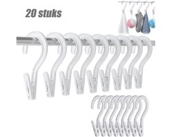 20 stuks - Kleerhangers met Knijpers - Washaken met klemmen - Washaken Clip - 360° draaibaar - Antislip & windvast - Voor het drogen en opbergen van sokken, petten en kleine kledingstukken - Wit