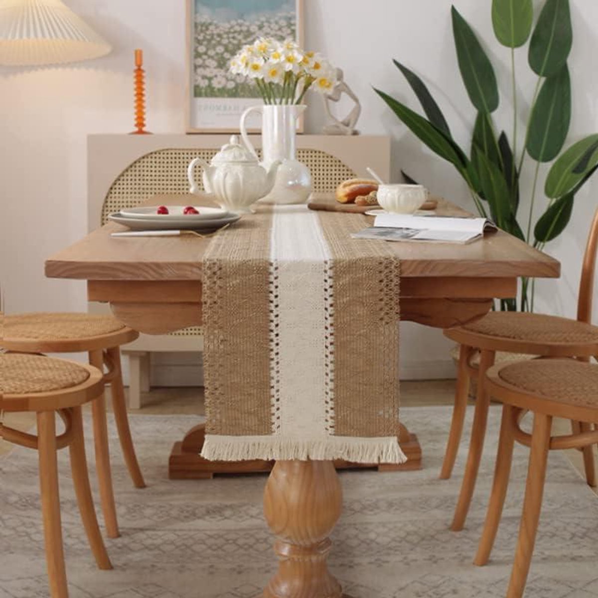 Tafelloper Linnen - Keukentextiel Tafeldecoratie - Tafel Aankleden - Met Kwastje - 30x400cm - Lichtbruin