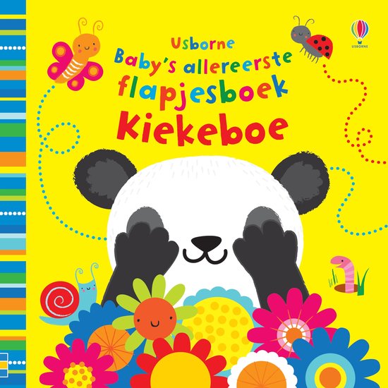 Een panda bedekt zijn ogen, omringd door bloemen, een vlinder, lieveheersbeestje, slak en worm. De titel is 'Usborne Baby's allereerste flapjesboek Kiekeboe'.