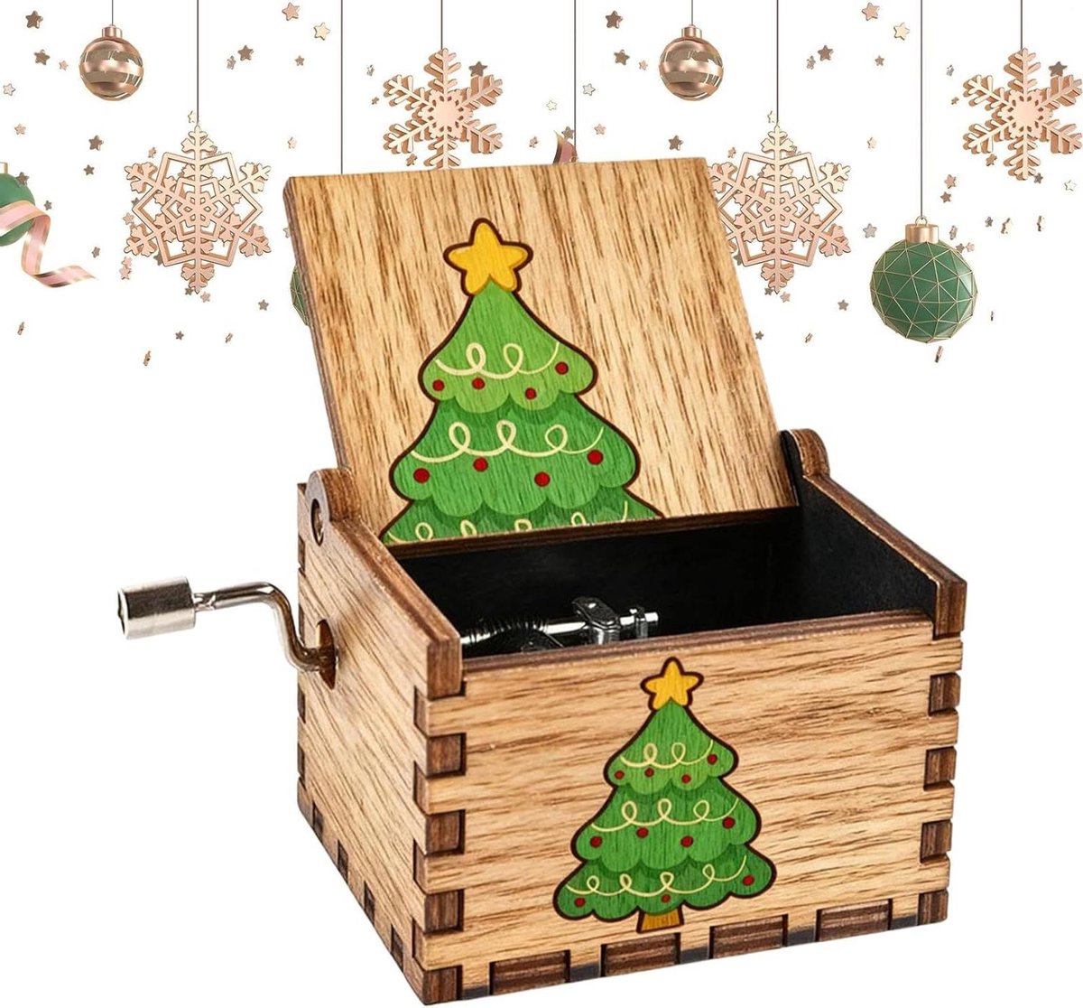 Vakantie Muziekdoos - Houten Decoratie - Feestelijke Sfeer - Handmatig Slinger Mechanisme - 6.5 cm Lengte - Houtkleurig