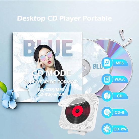 Draagbare CD-speler met Bluetooth, HiFi Luidspreker, Wandmontage, USB/AUX Muziekspeler, Wit — afbeelding 5